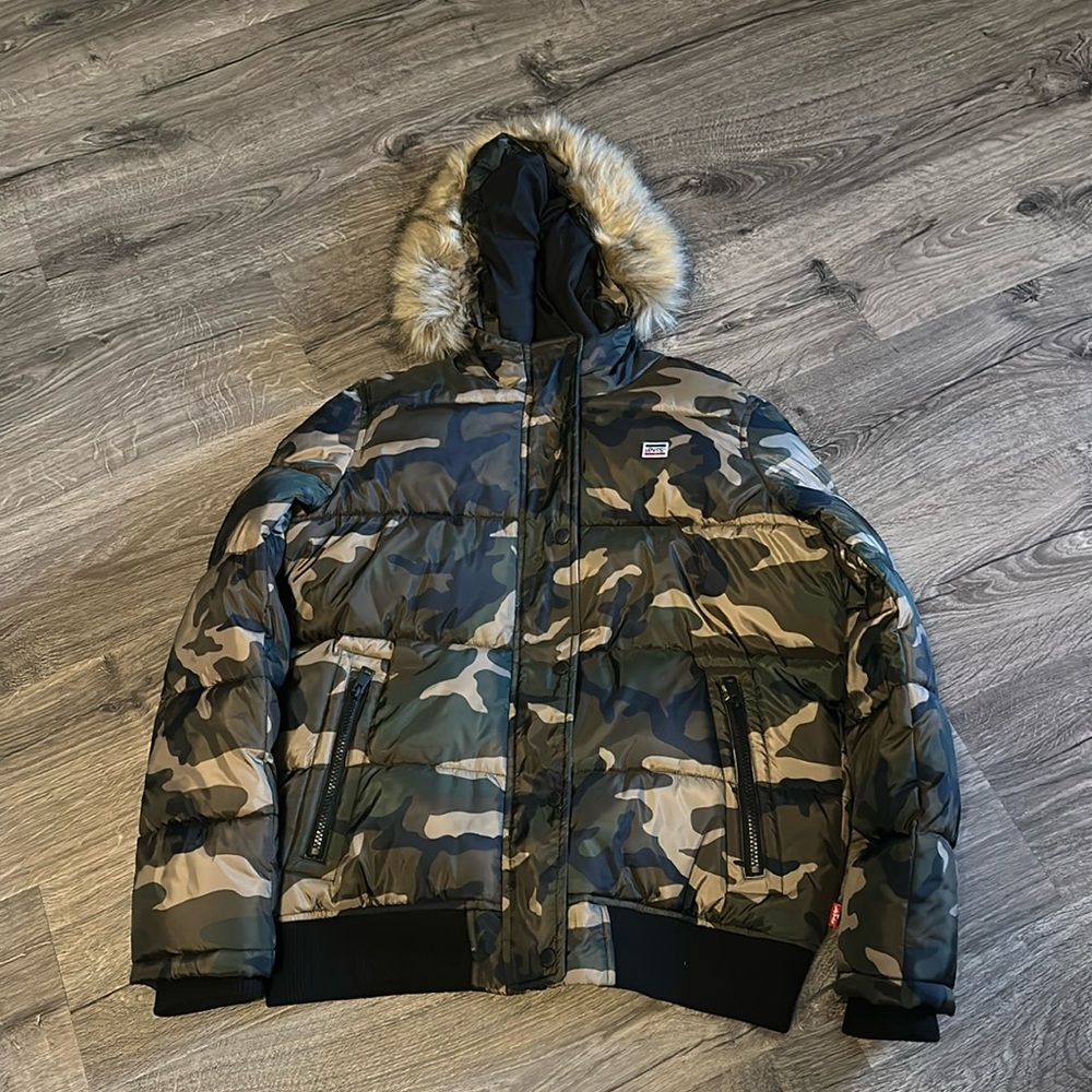 Levi’s Faux Fur Trim Snorkel Bomber Jacket Green Camo